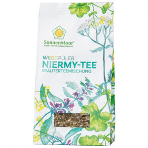 Eine Packung „Niermy-Tee®“ ist mit floralen Motiven versehen und zeigt die Kräuterbestandteile durch ein transparentes Fenster an der Unterseite.