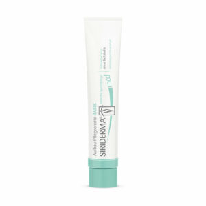Eine weiße Tube AUFBAUPFLEGECREME BASIS – ohne Duftstoffe von Siriderma, mit grünen Produktetiketten, aufrecht stehend vor einem weißen Hintergrund.