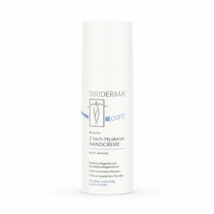 Weiße Flasche Siriderma 2-FACH-HYALURON HANDCREME mit blauem Logo und Text, leicht parfümiert, feuchtigkeitsspendend, geeignet für trockene und beanspruchte Hände.