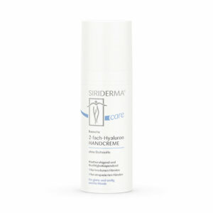 Weiße, zylindrische Flasche 2-FACH-HYALURON HANDCREME – ohne Duftstoffe mit blauem und grauem Text, zum Glätten und Befeuchten trockener Hände.