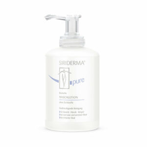 Die Siriderma WASCHLOTION – ohne Duftstoffe kommt in einer weißen Pumpflasche mit minimalistischem Design und Text in Grau und Blau.
