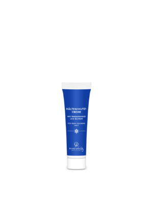 Eine blau weiße, aufrecht stehende Tube UNI KAELTESCHUTZCREME von marie w., die für empfindliche und trockene Haut entwickelt wurde, auf einem schlichten weißen Hintergrund.