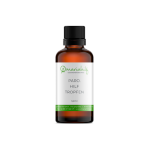 Eine 50-ml-Braunglasflasche mit schwarzem Verschluss trägt die Aufschrift „Paro. Hilf Tropfen 50 ml“ und das Paro. Hilf-Branding von Mariahilf.