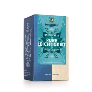 Schachtel SONNENTOR GLÜCK IST PURE LEICHTIGHKEIT Kräutertee im türkis-cremefarbenen Design mit grünem Hafer, Brennnessel und Kardamom.