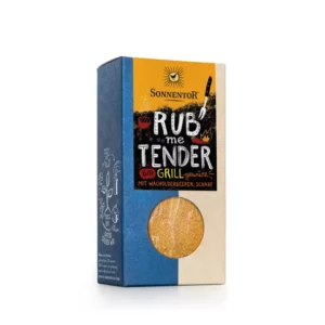 Das Bio-Grillgewürz SONNENTOR GEWÜRZMISCHUNG RUB ME TENDE kommt in einer Verpackung mit transparentem Gewürzfach und Grill-Illustrationen.