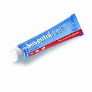 Tube SOVENTOL GEL mit blau-roter Verpackung, weißer Kappe und der Aufschrift „Ohne Konservierungsstoffe“.