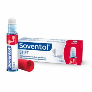Die Verpackung des SOVENTOL ANTI-JUCK STIFTs ist mit einem Logo mit Mückenmotiv und deutschem Text zur Linderung von Juckreiz und Brennen versehen. Die 4 ml Tube hat eine rote Kappe.