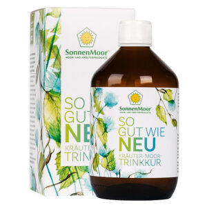 Präsentiert wird eine Flasche „So gut wie Neu® - Trinkkur“ vor der passenden Schachtel mit grün-blauem Blättermotiv.