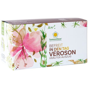 Box mit floralen Mustern aus Veroson®-Kräuterextrakt. Text lautet: „Befreit in den Tag Veroson Kräuter-Auszug.“.