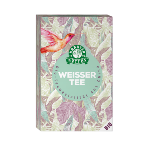 Schachtel mit KOTTAS TEE WEISSER TEE im Kolibri- und Blattdesign, mit deutschem Text „Teespezialität aus China“ und einem BIO-Label.