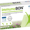 Packung mit IMMUNOBON LTBL ALLERG.RHINIT Lutschtabletten zur Behandlung von allergischer Rhinitis, mit einem grün weißen Design, das Markenlogos, Zertifizierungszeichen und die Abbildung einer Person mit erhobenen Armen zeigt.