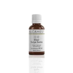 Eine kleine braune 20-ml-Flasche mit der Aufschrift „Elixir Surya Soma“ und 30 % Alkoholgehalt.