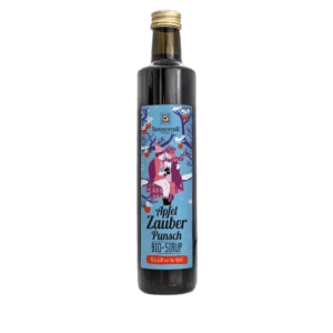 Eine Flasche Sonnentor APFELZAUBER PUNSCH Bio-Sirup mit buntem Etikett und festlichen Illustrationen.