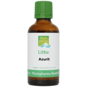 Eine kleine braune Flasche mit grünem Deckel und der Aufschrift „Phyto Pharma Azurit“. Enthält gereinigtes Wasser und Ethanol.
