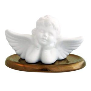 Der Duftkeramik Engel Raphael ist eine weiße Keramik-Engelfigur mit Flügeln, die auf einem runden Bronzesockel ruht.