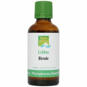 Eine braune Glasflasche mit grünem Verschluss und der Aufschrift „Blende“ von Phytopharma enthält Aqua purificata und Ethanol.