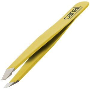 Die Haarpinzette schräg rostfrei gelb verfügt über abgewinkelte Spitzen und einen Markengriff.