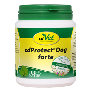 Eine Packung cdProtect Dog forte, ein natürliches Nahrungsergänzungsmittel für Haustiere mit der Aufschrift „100 % natürlich“ und antiwurmhemmenden Eigenschaften.