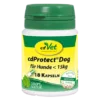 Behälter mit 18 cdVet cdProtect Dog-Kapseln für Hunde unter 15 kg, mit grün-gelbem Etikett.