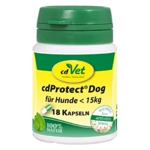 Behälter mit 18 cdVet cdProtect Dog-Kapseln für Hunde unter 15 kg, mit grün-gelbem Etikett.