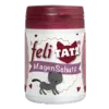 Eine Dose „feliTATZ Magenschutz“ mit kastanienbraunem Deckel und einer Comic-Katze auf dem Etikett.
