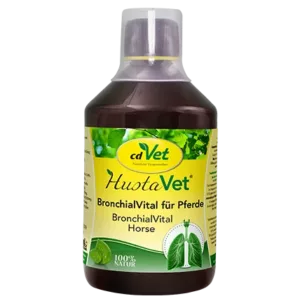 Eine Flasche cdVet HustaVet BronchialVital Pferd, ein Nahrungsergänzungsmittel für Pferde im grün-gelben Design.