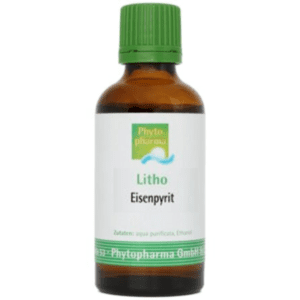 Braune Glasflasche mit grünem Verschluss mit der Aufschrift „Eisenpyrit“ von Phyto Pharma. Enthält Aqua purificata und Ethanol.