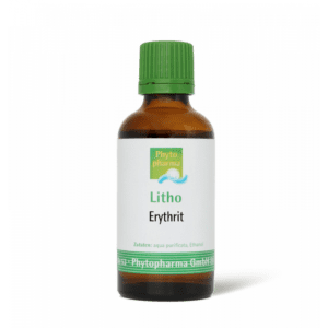 Eine braune Glasflasche von Phyto Pharma mit grünem Verschluss und der Aufschrift „Erythrit“ enthält Aqua purificata und Ethanol.