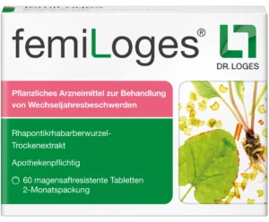 Schachtel mit dem pflanzlichen Arzneimittel FEMILOGES MSR TBL gegen Wechseljahresbeschwerden, auf der der Produktname, Abbildungen der Pflanzen und die Dosierungsanleitung auf Deutsch angegeben sind.