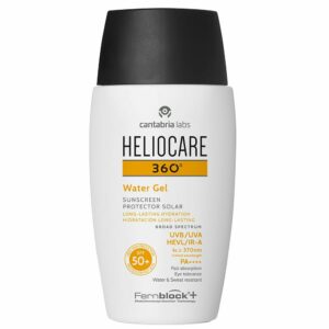 Weiße Flasche HELIOCARE® 360° Water Gel LSF 50+ von Cantabria Labs mit LSF 50+, Breitbandschutz und langanhaltender Feuchtigkeitsversorgung.