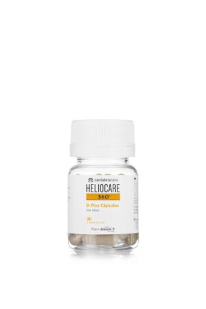 Eine durchsichtige Plastikflasche mit der Aufschrift HELIOCARE KPS SO ULTRA D, die 30 Kapseln enthält, mit einer weißen Kappe und gelben Akzenten auf dem Etikett.