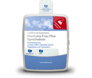 Verpackung des Hormontestkits „Medivere Hormonprofil Frau plus“ von medivere diagnostics zum Nachweis von Cortisol, DHEA, Estradiol, Estriol, Progesteron und Testosteron.