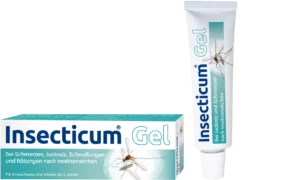 Tube und Schachtel INSECTICUM GEL mit dem Bild einer Mücke; lindert Schmerzen und Schwellungen bei Insektenstichen.