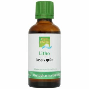 Braune Glasflasche mit grünem Verschluss, Aufschrift „Jaspis grün“, enthält Aqua purificata und Ethanol.