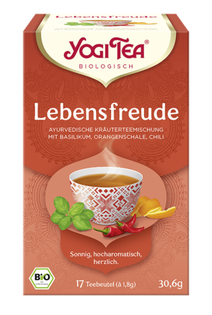 Die 30,6-g-Box von YOGI TEA BIO Lebensfreude enthält Kräuterzutaten wie Basilikum, Orangenschale und Chili. Enthält 17 Teebeutel mit einem Gewicht von jeweils 1,8 g.