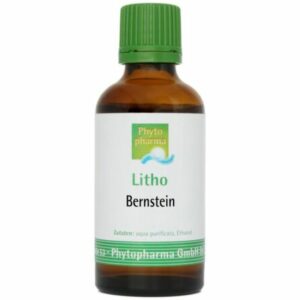 Eine braune Glasflasche mit grünem Verschluss und der Aufschrift „Bernstein“ von Phyto Pharma enthält Aqua purificata und Ethanol.