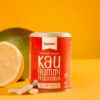 Eine Dose XUCKER XYLIT KAUG FRUC 10174 Kaugummi steht vor einer Zitronenspalte und einer Mango auf einem leuchtend gelben Hintergrund.