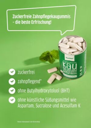 Eine grüne Dose XUCKER XYLIT KAUGUMMI 10170 wird mit weißen Kaugummistücken, Minzblättern und deutschen Symbolen zur Hervorhebung der Produktvorteile präsentiert.