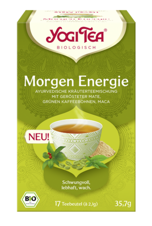 Das Paket YOGI TEA BIO Morgen Energie 35,7 enthält eine Tasse Tee mit grünen Blättern und Maca-Wurzel und betont die ayurvedische Bio-Mischung.
