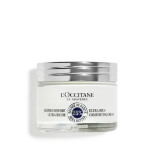 Ein Glas SHEABUTTER GESICHTSCREME 25 % mit Sheabutter, mit silbernem Deckel und dem Logo von LOccitane auf dem Etikett.