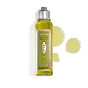 Klare, rechteckige Flasche VERVEINE DUSCHGEL GROSS mit grünem Etikett und Verschluss, daneben kleine Geltröpfchen. Volumen: 250 ml.