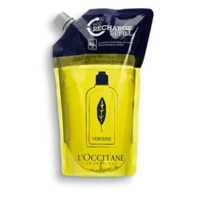 Ein 500-ml-Öko-Nachfüllbeutel VERVEINE DUSCHGEL NACHFÜLLUNG mit marineblauem Deckel und gelbem Körper.