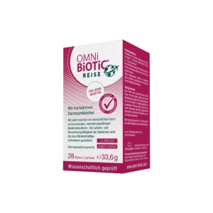 Eine Schachtel des probiotischen Nahrungsergänzungsmittels OMNI BIOTIC REISE STI 1,2G mit deutschen Produktinformationen und Branding in den Farben Weiß und Magenta.