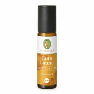 Die Primavera Gute Laune Duft Roll-On Bio-Flasche hat einen schwarzen Verschluss und ein gelb-oranges Etikett mit „motivierend“ und „BIO“.