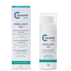 UNI CERAMOL ACN HAUTTCR. MAT ist eine Gel-Creme für fettige, zu Akne neigende Haut, verpackt in einer Flasche und Schachtel mit mehrsprachigem Text.