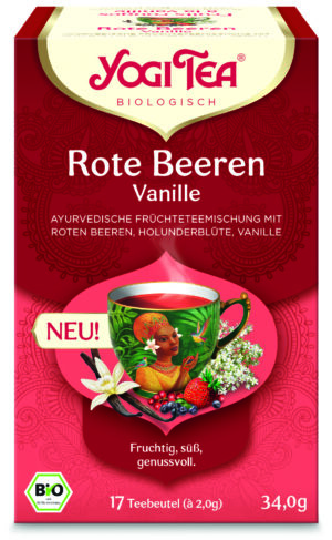 Die YOGI TEA BIO Rote Beeren Vanille 34G-Box enthält eine Teetasse mit Beeren und Vanille, die eine fruchtige Mischung aus roten Beeren und Vanille betont, mit 17 Teebeuteln.