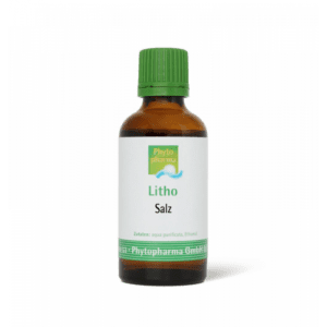 Eine kleine braune Flasche mit grünem Verschluss und der Aufschrift „Salz“ von Phytopharma enthält gereinigtes Wasser und Ethanol.