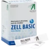 Schachtel und Beutel Zell Basic Sticks von Adler Pharma mit der Aufschrift „Biochemische Mischung nach Dr. Schüßler“, was auf ein homöopathisches Produkt hinweist.