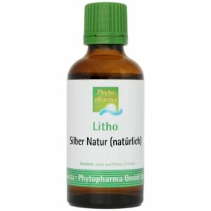 Eine braune Glasflasche mit grünem Verschluss und der Aufschrift „Silber Natur“ von Phytopharma enthält die Inhaltsstoffe: Aqua purificata, Ethanol.