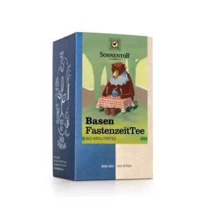 Schachtel Sonnentor Basen FastenzeitTee Bio-Kräutertee mit der Illustration eines Bären, der auf einer Decke sitzt und Tee trinkt.